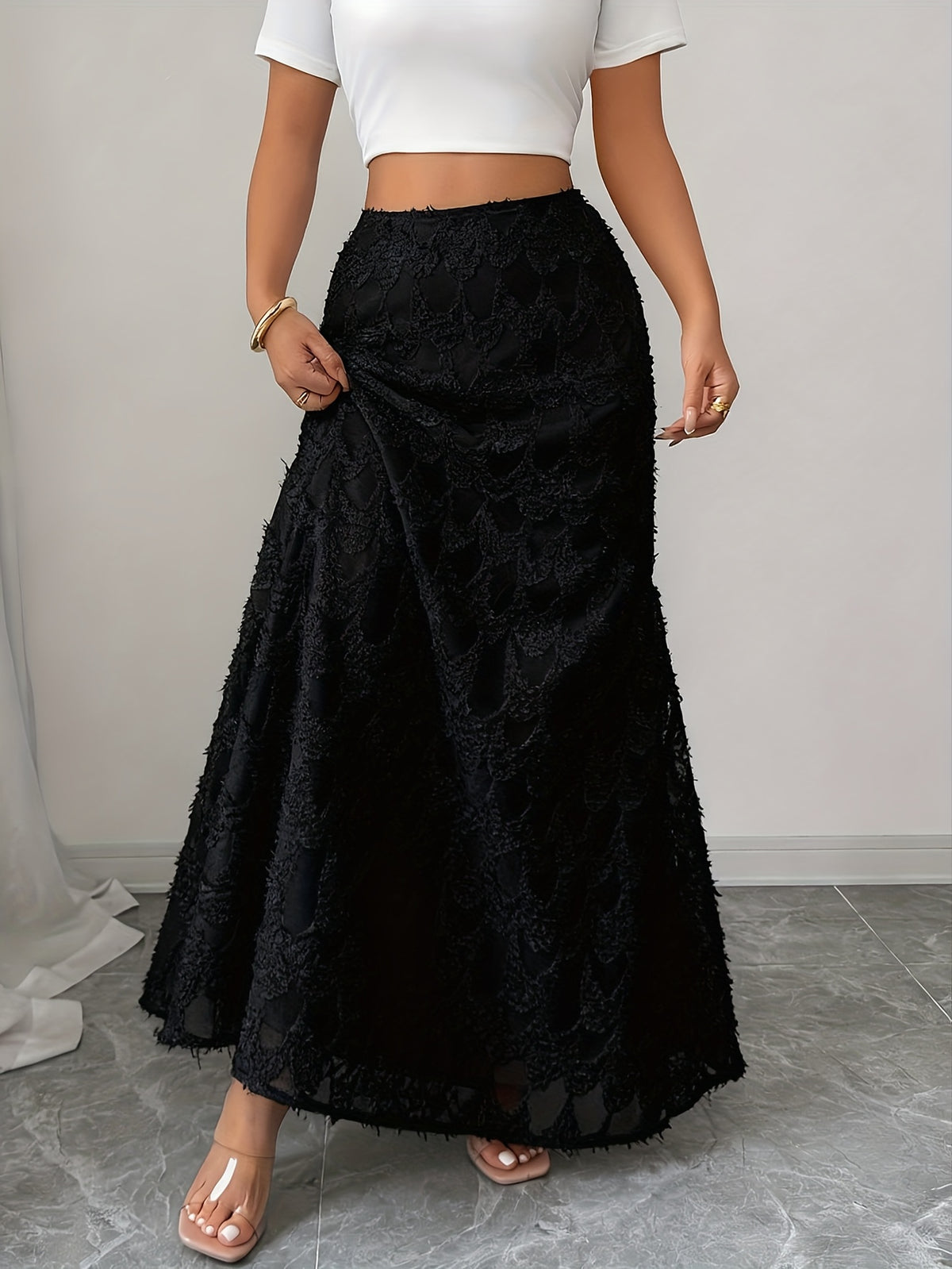 Elegant Women's Casual Solid Color Textured Fabric Lace Trim Skirt, Suitable for Parties - Black