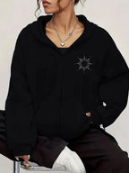 Loose-fit Casual Women's Sun-patterned Hooded Sweatshirt, Daily Outdoor Wear Top with Zipper Hoodie - Comfortable Winter Pullover, Machine-washable Casual Sweatshirt, Autumn/winter Style Hooded Zip-up Pullover - Black