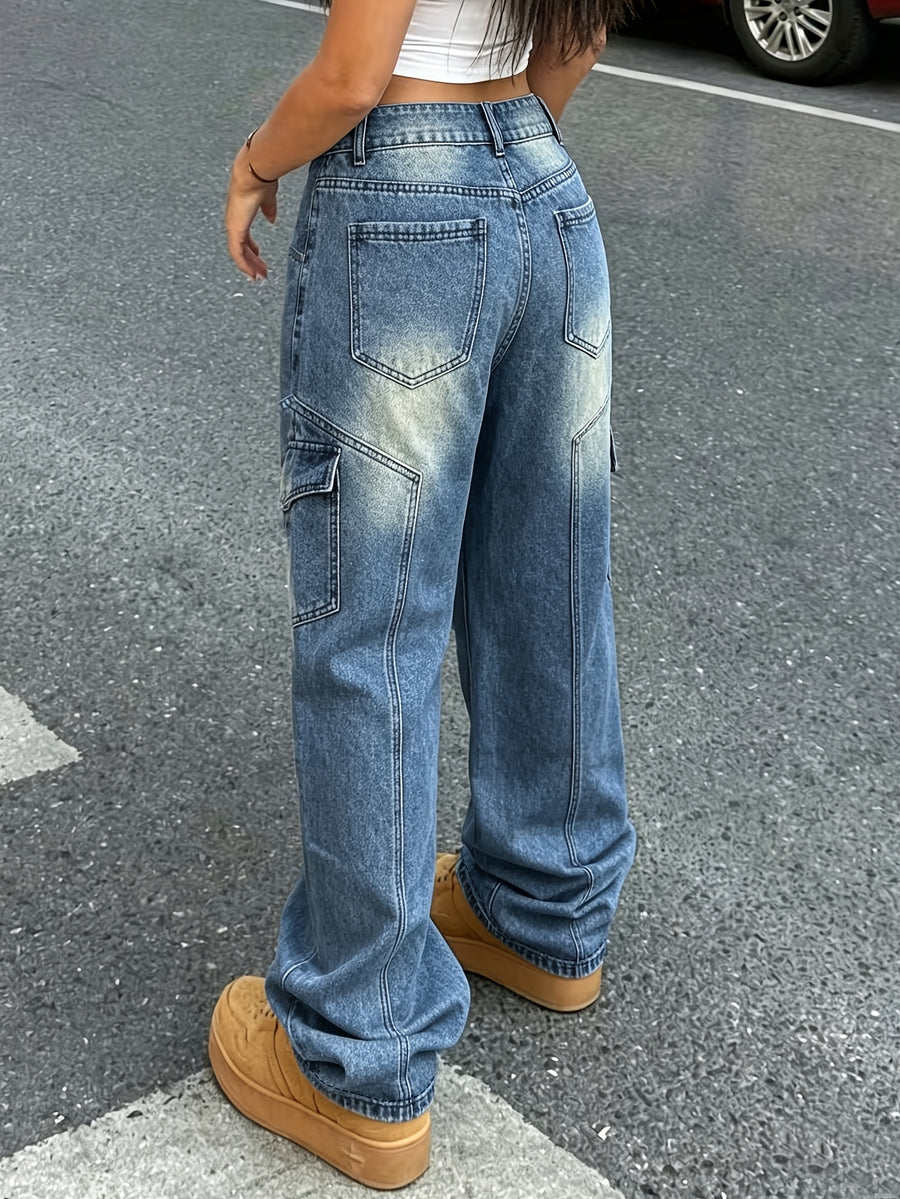 Womens Grunge Punk Straight Leg Cargo Denim Jeans with Pockets Flap Pocket Ladies Baggy Loose Combat Pocket Wide Leg Pants/Outdoor Costume/Clubwear/Street Style & Night Out - Blue