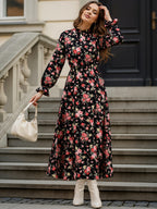Elegant -Line Maxi Dress with Elastic Waist & Stand Collar - Small Ruffled Hem Floral Print Dress Suitable for Casual Beach Party Wedding Vacation Wear, Machine Washable Spring/Autumn Dress - Multicolor