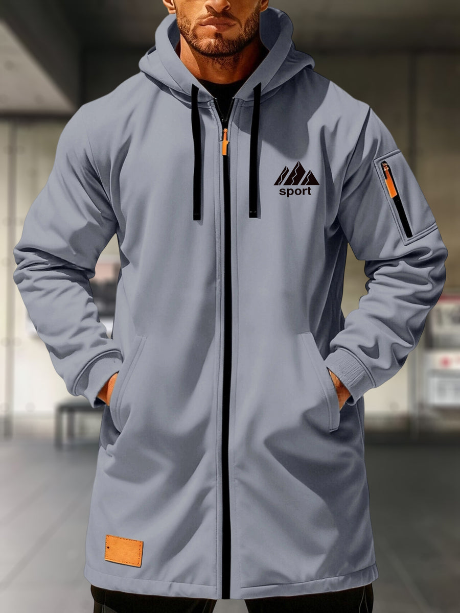 Men's Full-Zip Hooded Jacket with Mountain Print & Arm Zipper Pocket - Oversized Loose Fit Winter Coat, Hooded Streetwear Outerwear Suitable for, Urban Style, Machine Washable Warm Jacket - Grey
