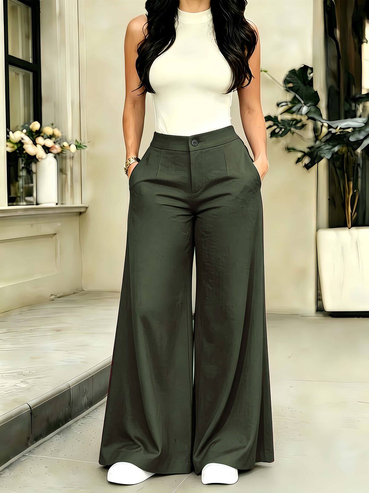 Women's Slim Fit Casual Pants - Spring/Summer Women's Pants - High-Waisted Fashionable Pocket Casual Pants - High-Waisted Versatile Casual Wide-Leg Pants - Olive Green