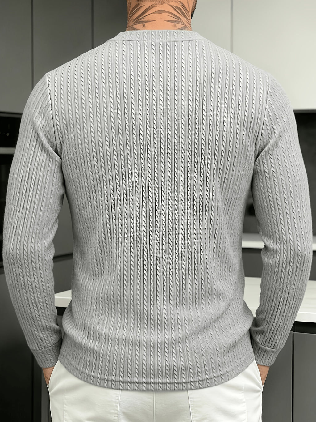 Halloween Thanksgiving Black Friday Cyber Monday Christmas Ultra V 2pcs Men'S Vertical Texture Henley Long Sleeve T-Shirts, High-Elastic Jacquard Fabric Slimming And Slimming, Semi-Open Button Collar Easy And Atmospheric - Gray White