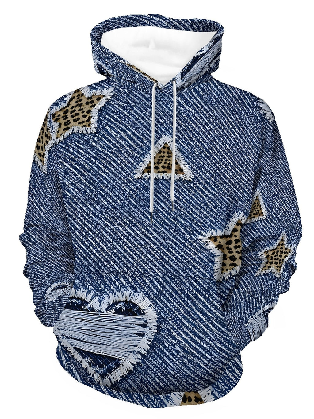 Men'S Long Sleeve Pullover Hoodie, Blue And White Faux Denim Texture with Leopard Print Stars And Triangles, Digital Print, Drawstring Hood, Front Pocket, Ribbed Cuffs And Hem, Casual Street Style, Daily Wear, Street Casual, Spring Autumn - Mixed colors