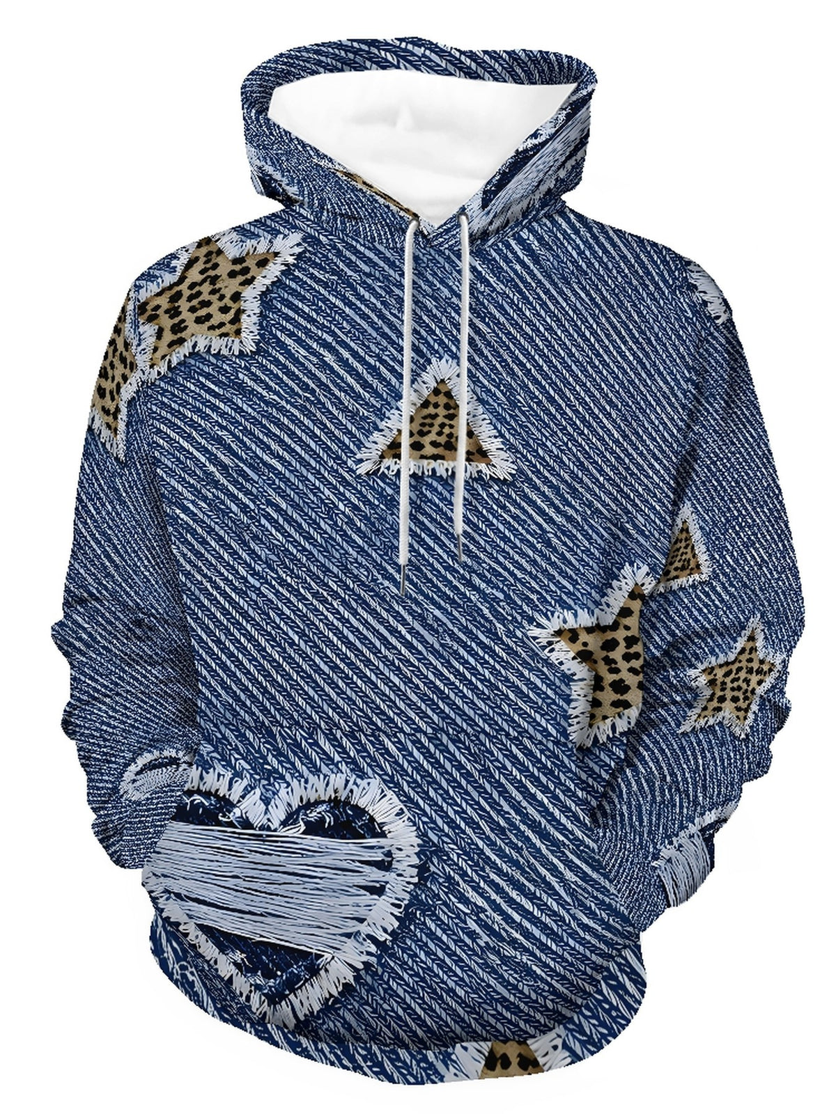 Men'S Long Sleeve Pullover Hoodie, Blue And White Faux Denim Texture with Leopard Print Stars And Triangles, Digital Print, Drawstring Hood, Front Pocket, Ribbed Cuffs And Hem, Casual Street Style, Daily Wear, Street Casual, Spring Autumn - Mixed colors