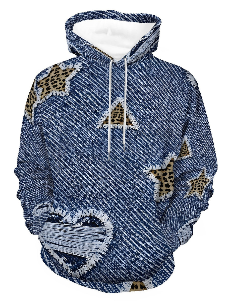 Men'S Long Sleeve Pullover Hoodie, Blue And White Faux Denim Texture with Leopard Print Stars And Triangles, Digital Print, Drawstring Hood, Front Pocket, Ribbed Cuffs And Hem, Casual Street Style, Daily Wear, Street Casual, Spring Autumn - Mixed colors