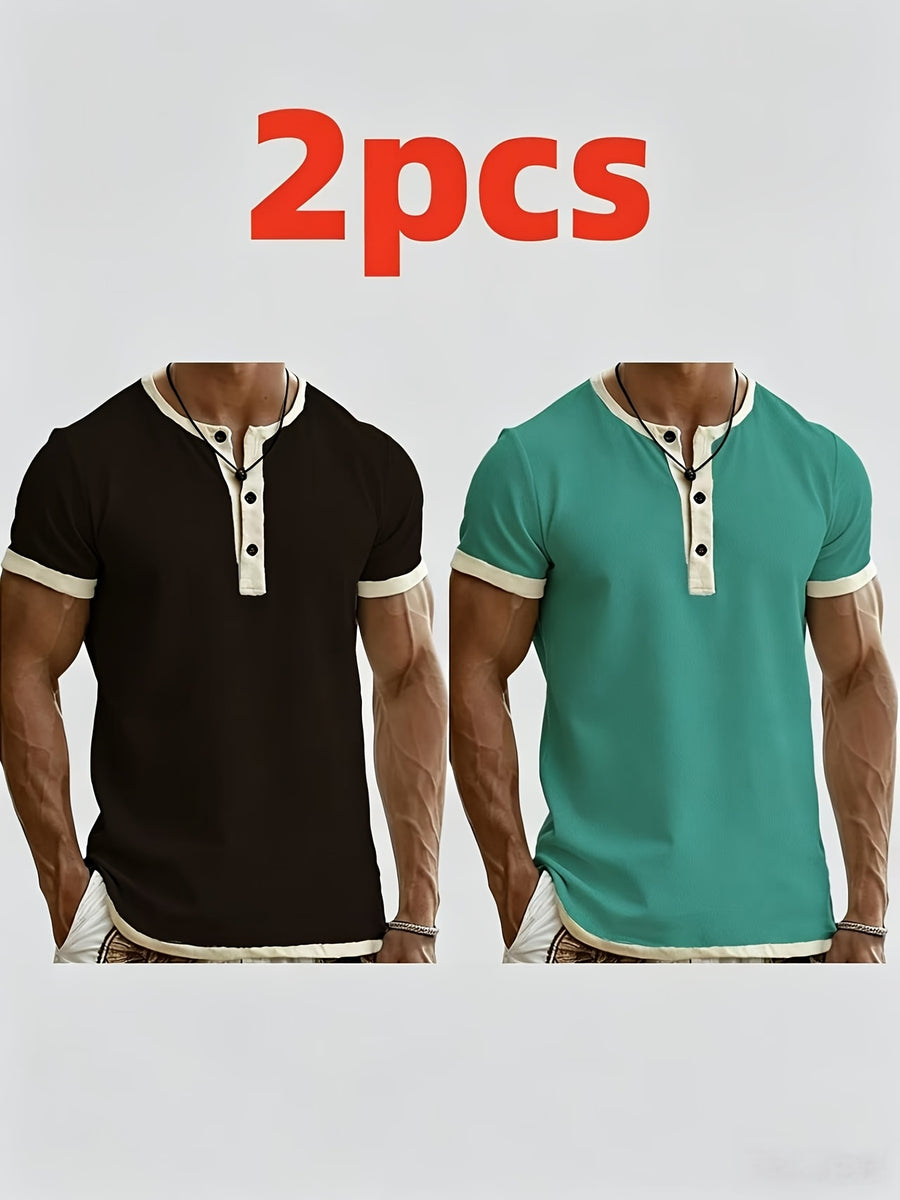 2pcs Men'S Henley Short-Sleeve T-Shirt, Slim-Fit Casual Top, Contrast Color Design, Ideal for Pool Parties, Beach Vacations, And As a Gift for Beachwear, Daily Commute, Casual, Lazy - Dark Brown + Cyan