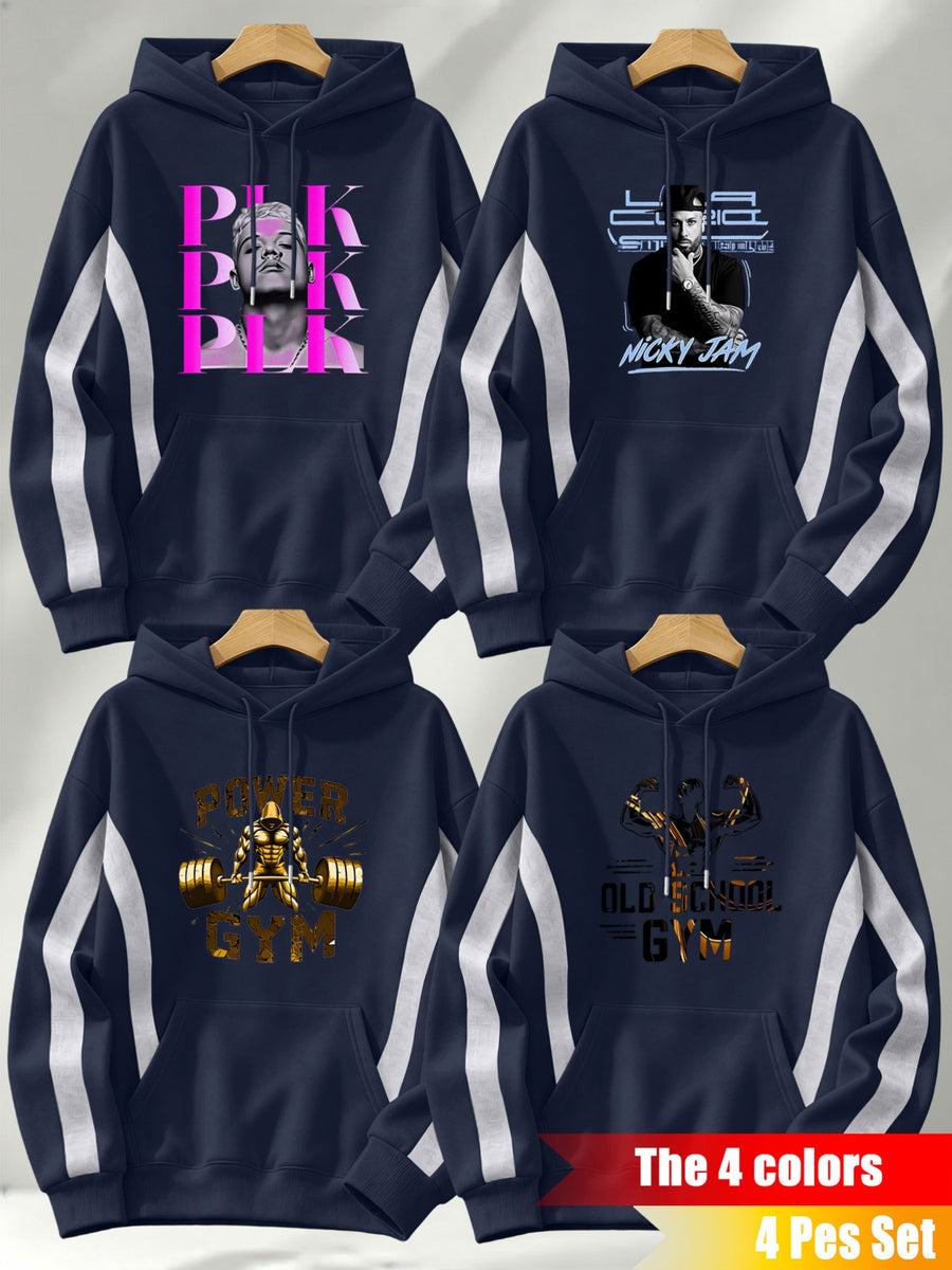 [4pcs] 2026 Autumn Winter Street Style Men'S Hooded Sweatshirt, Side Color-Block Lines Long Sleeve, Adjustable Drawstring Large Phone Kangaroo Pouch, Skin-Friendly Warm Back-To-School Rock Party Versatile Pullover Hoodie - Navy Blue+Navy Blue+Navy Blue+Navy Blue