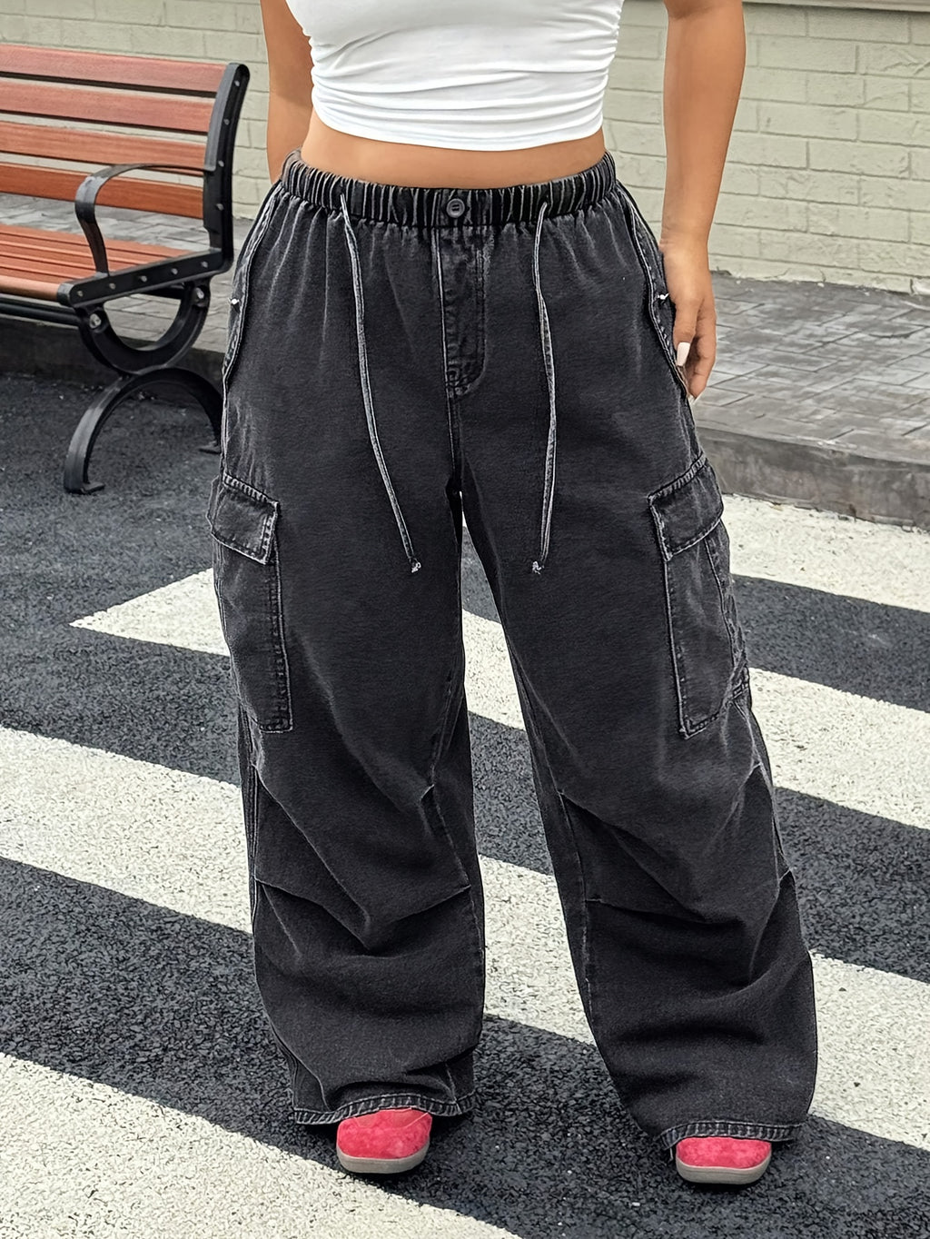 Elastic Drawstring Waist Loose Wide-Leg Jeans - Black