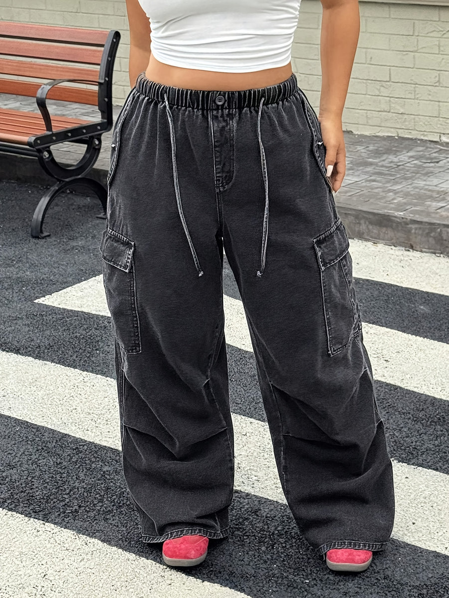 Elastic Drawstring Waist Loose Wide-Leg Jeans - Black