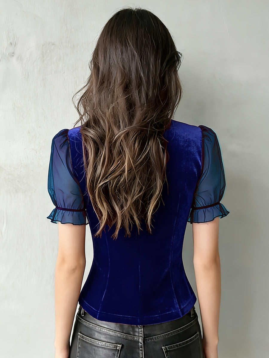 Development Bk260306052]Chic Velvet Sheer Sleeve Corset Top with Lace Trim Elegant Special - Navy Color