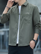 Men'S Long Sleeve Shirt Patchwork Single Pocket Letter Print Outdoor Casual Spring Autumn Regular Daily Commute Office Date Party - Military Green