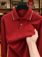 Men'S Clothing Golf Fishing Tennis Sports Solid Color Top Spring Fall Soft Skin Friendly Long Sleeve Polo Shirt Long Sleeve T Shirt New Autumn Business Casual Turn Collar Loose Versatile Pullover Top for Middle-Aged Men - Red