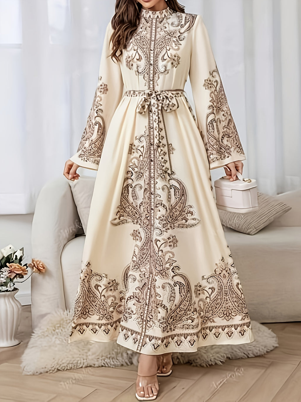 Elegant Floral Print Kaftan Dress with Belt - Long Sleeve, Crew Neck, A-Line Silhouette, Beige with Intricate Golden Patterns, Perfect for Casual or Formal Occasions, Formal Attire | Floral Print Dress | Belted Waist, Floral Print Dress - Apricot