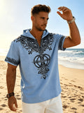 Men's Tree of Life Hooded T-Shirt - European & American Streetwear Style Short-Sleeve Top with Hood, Tree of Life Print, Machine Washable Regular Fit Casual Shirt Suitable for Casual Attire, Brand Label - Light Blue