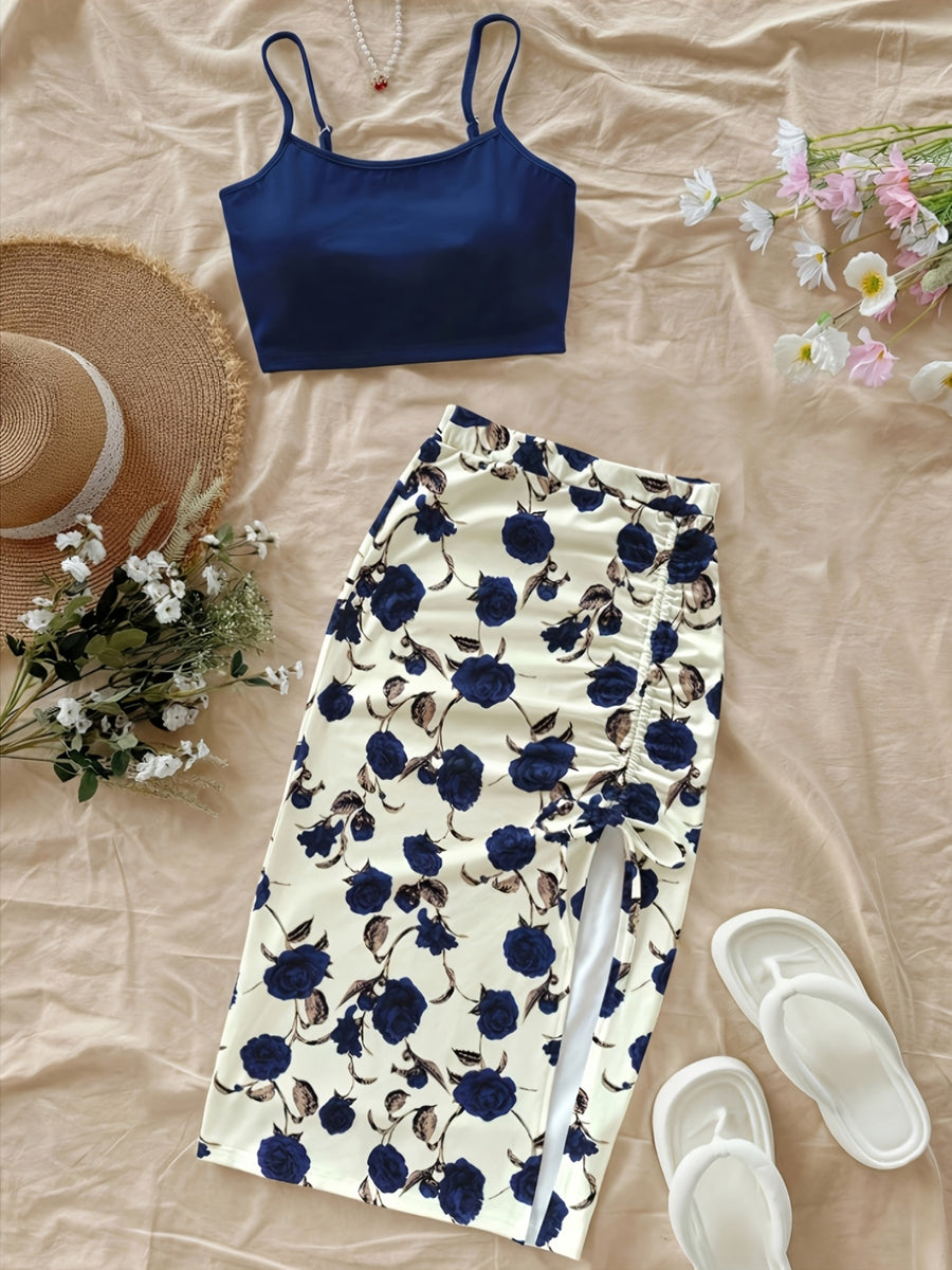 Women'S Fashion Floral Print Short Bodycon Dress, Casual Vacation Camisole Set for Women - Navy Color