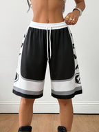 American Street Style Letter Print Black and White Contrast Color Loose Fit Drawstring High-Waist Casual Sweatshirt Shorts Knee-Length Pants Y2k - Black