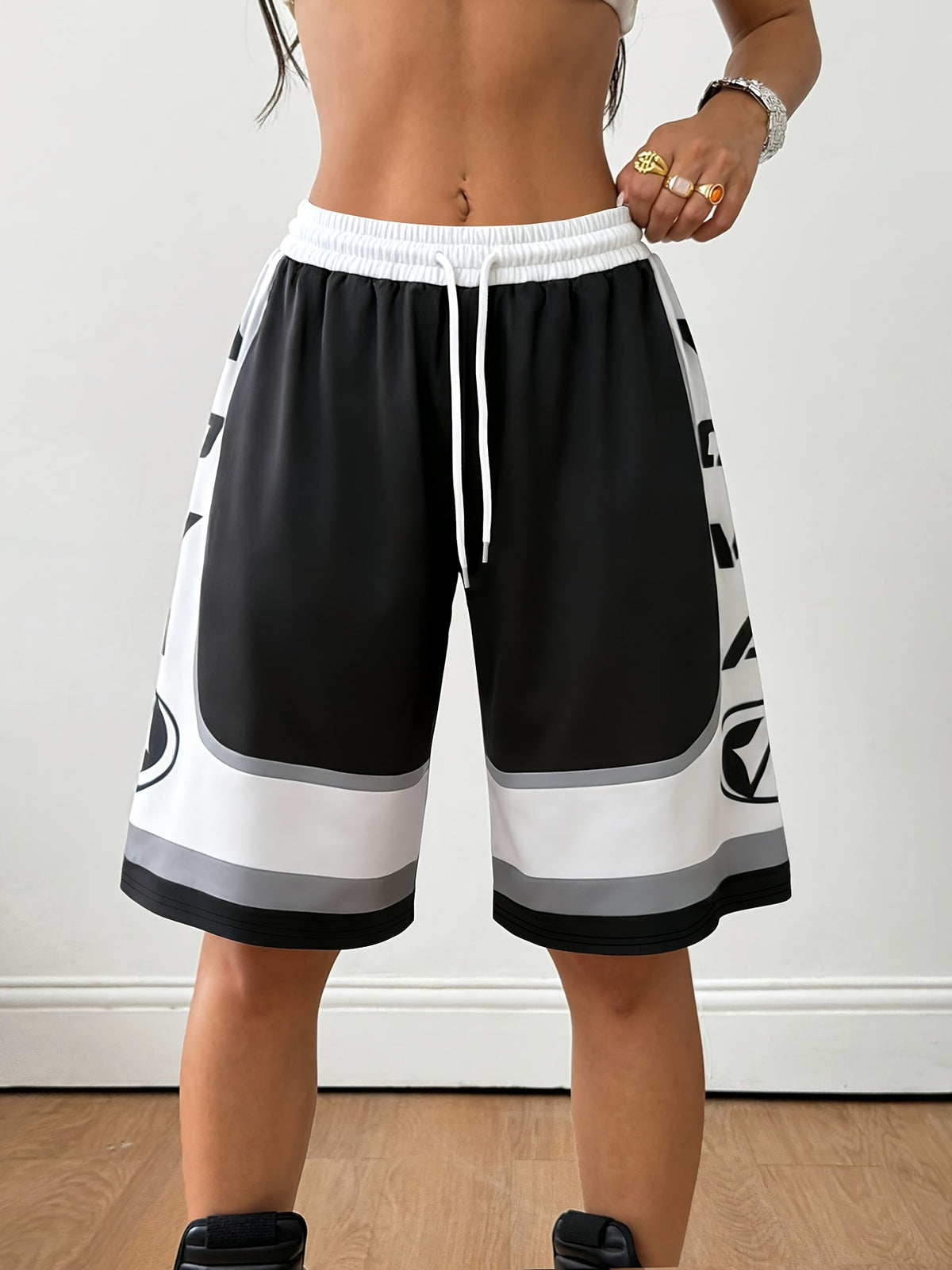 American Street Style Letter Print Black and White Contrast Color Loose Fit Drawstring High-Waist Casual Sweatshirt Shorts Knee-Length Pants Y2k - Black