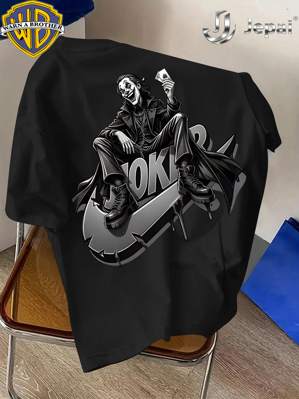 Warner Exclusive, Vintage Street Style DC Joker Themed Print Men's Summer Basic Daily Casual Short-Sleeve Top, Casual Crew Neck Shirt, Suitable for Outdoor Wear, Fitness, Office, and Daily Outfits, an Essential Item for Men's Basic Wardrobe - Black