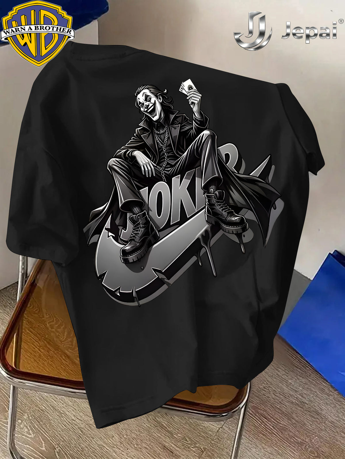 Warner Exclusive, Vintage Street Style DC Joker Themed Print Men's Summer Basic Daily Casual Short-Sleeve Top, Casual Crew Neck Shirt, Suitable for Outdoor Wear, Fitness, Office, and Daily Outfits, an Essential Item for Men's Basic Wardrobe - Black