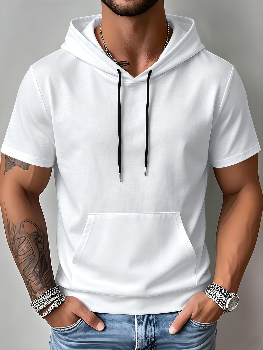 Men's Casual Short-sleeved Summer Hoodie Sweater Pure Color Outdoor Versatile Top Suitable for Sports And Commuting Fashionable And Comfortable Sweater - White