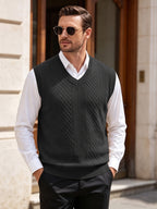 Xingfan OBM Men's Autumn/Winter Light Luxury New Ribbed V-Neck Cable Knit Vest, Rhombus Jacquard Sleeveless Sweater Cardigan, Business Gentleman's Layering Knit Top. Soft and Warm Knitted Fabric, Vintage Three-dimensional Cable Knit Rhombus Texture - Black