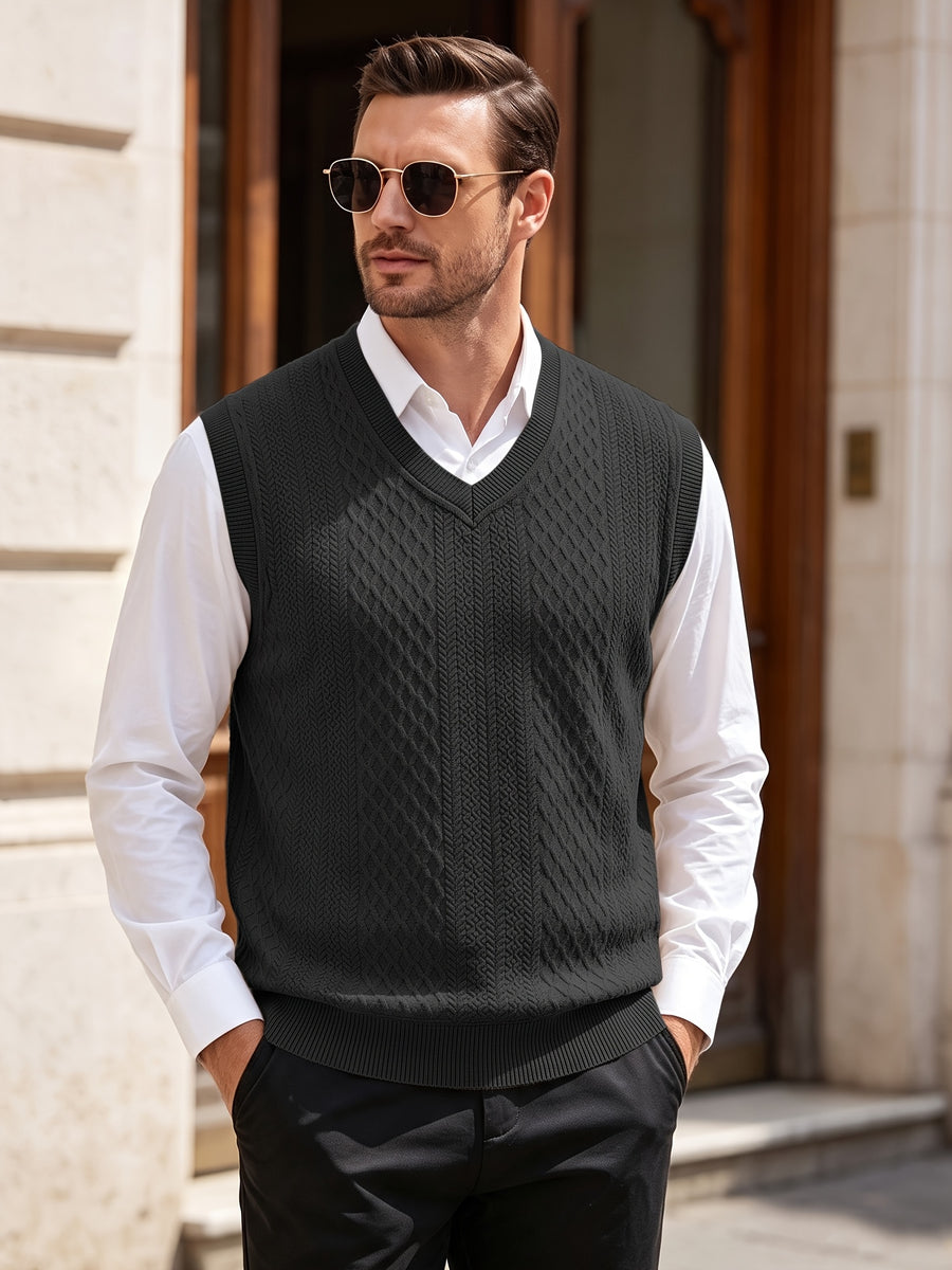 Xingfan OBM Men's Autumn/Winter Light Luxury New Ribbed V-Neck Cable Knit Vest, Rhombus Jacquard Sleeveless Sweater Cardigan, Business Gentleman's Layering Knit Top. Soft and Warm Knitted Fabric, Vintage Three-dimensional Cable Knit Rhombus Texture - Black