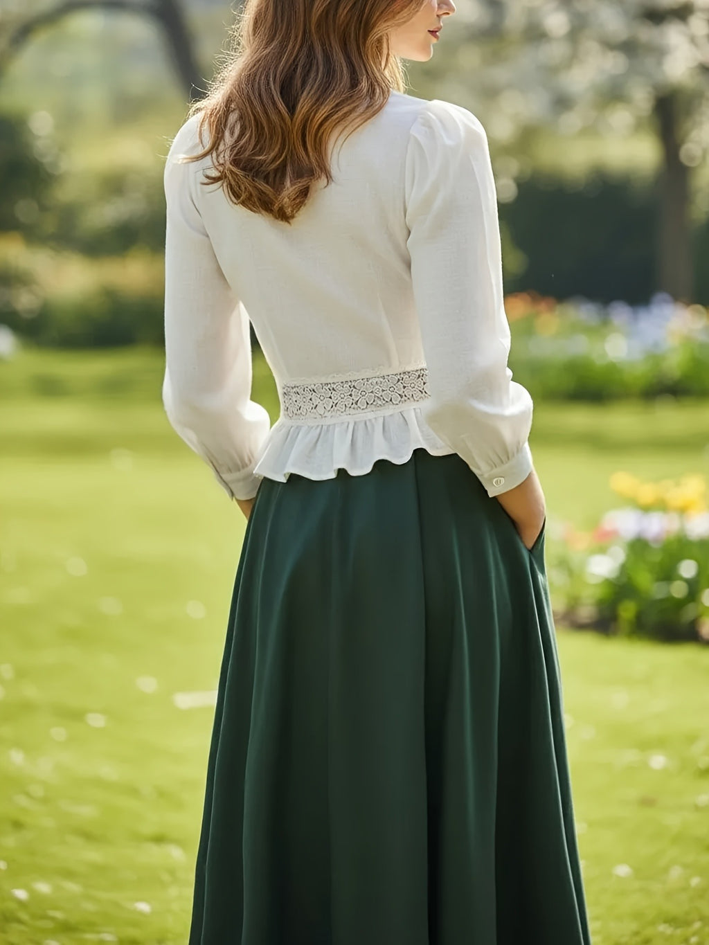 Vintage V-Neck Puff Sleeve Blouse for Women, Lace Patchwork with Ruffle Hem, Waist-Cinching Commuter Top, No Belt - White