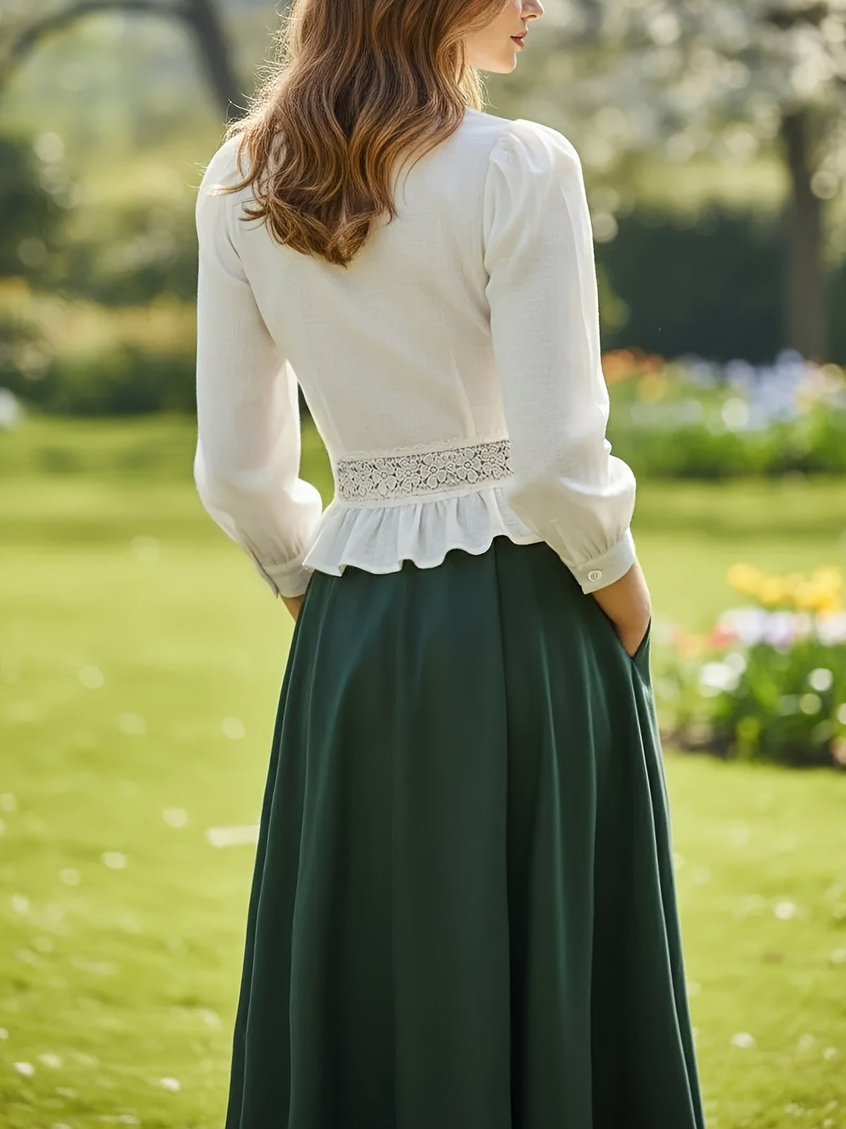 Vintage V-Neck Puff Sleeve Blouse for Women, Lace Patchwork with Ruffle Hem, Waist-Cinching Commuter Top, No Belt - White