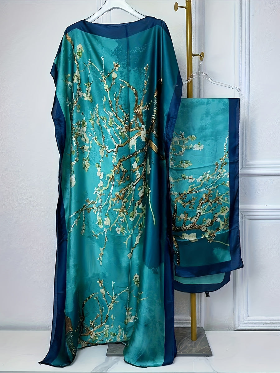 Tree Print Round Neck Long Dress, Elegant Batwing Sleeve Loose Fit Long Dress with Headscarf, Women's Fashion - Malachite Green