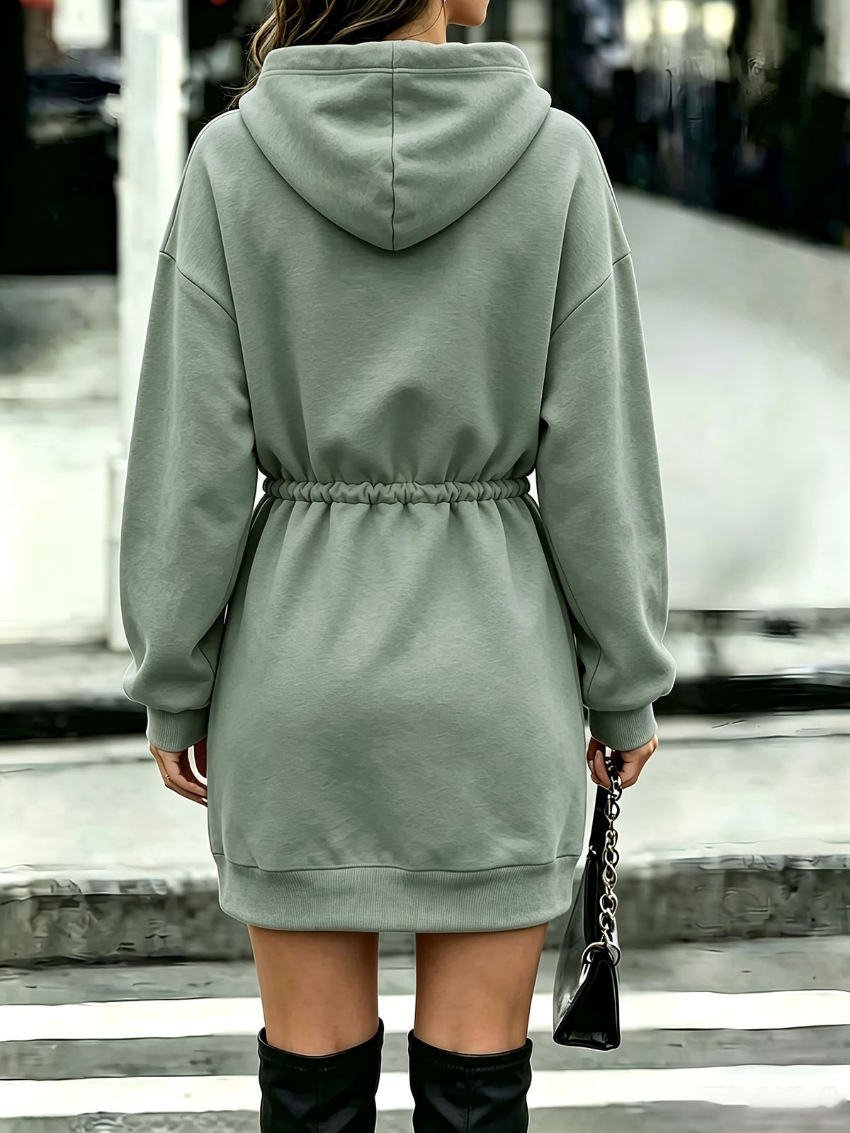 Women'S Tummy Control Drawstring Letter NYC Print Hooded Sweatshirt - Light Green