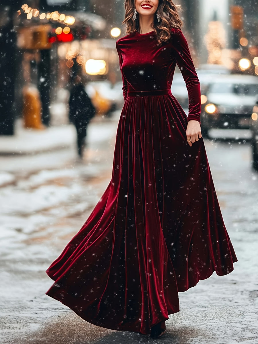 Burgundy Velvet Dress with Round Neck And Long Sleeves, A-Line Skirt Suitable for Vacation And Banquets, Light Dress Long Gown - Burgundy