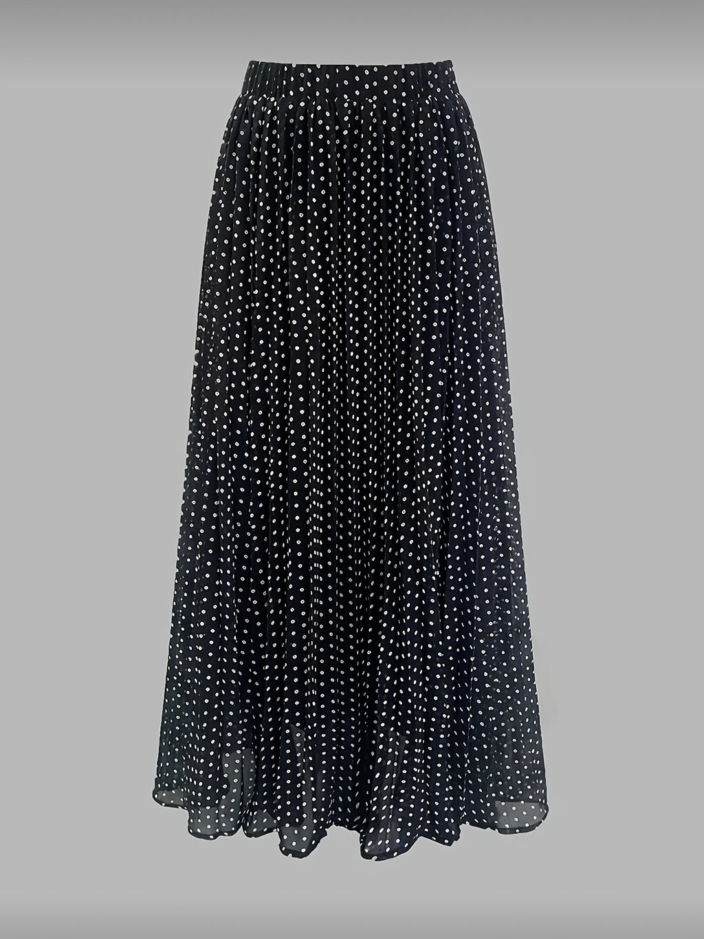 Women's Elegant Polka Dot Pleated A-Line Skirt, New Spring/Summer Style with Elastic Stretch Waist, Simple and Fashionable Women's Skirt, No Belt - Black