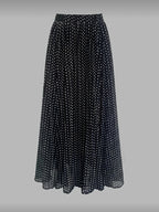 Women's Elegant Polka Dot Pleated A-Line Skirt, New Spring/Summer Style with Elastic Stretch Waist, Simple and Fashionable Women's Skirt, No Belt - Black