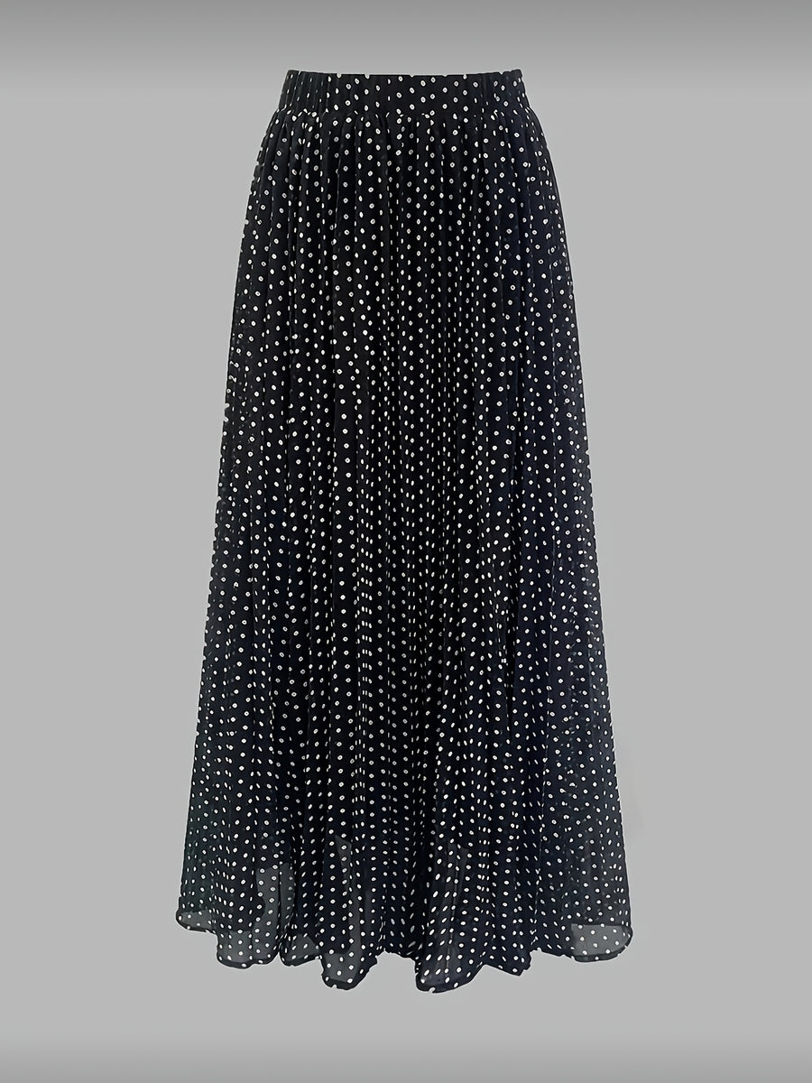 Women's Elegant Polka Dot Pleated A-Line Skirt, New Spring/Summer Style with Elastic Stretch Waist, Simple and Fashionable Women's Skirt, No Belt - Black
