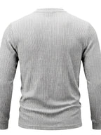 1pc Men'S Jacquard Long Sleeve Henley Shirt Solid Striped Textured Fabric with Stretch Street Style Casual Top for Autumn Winter Fashion White Matchable Pullover Base Layer - Grey