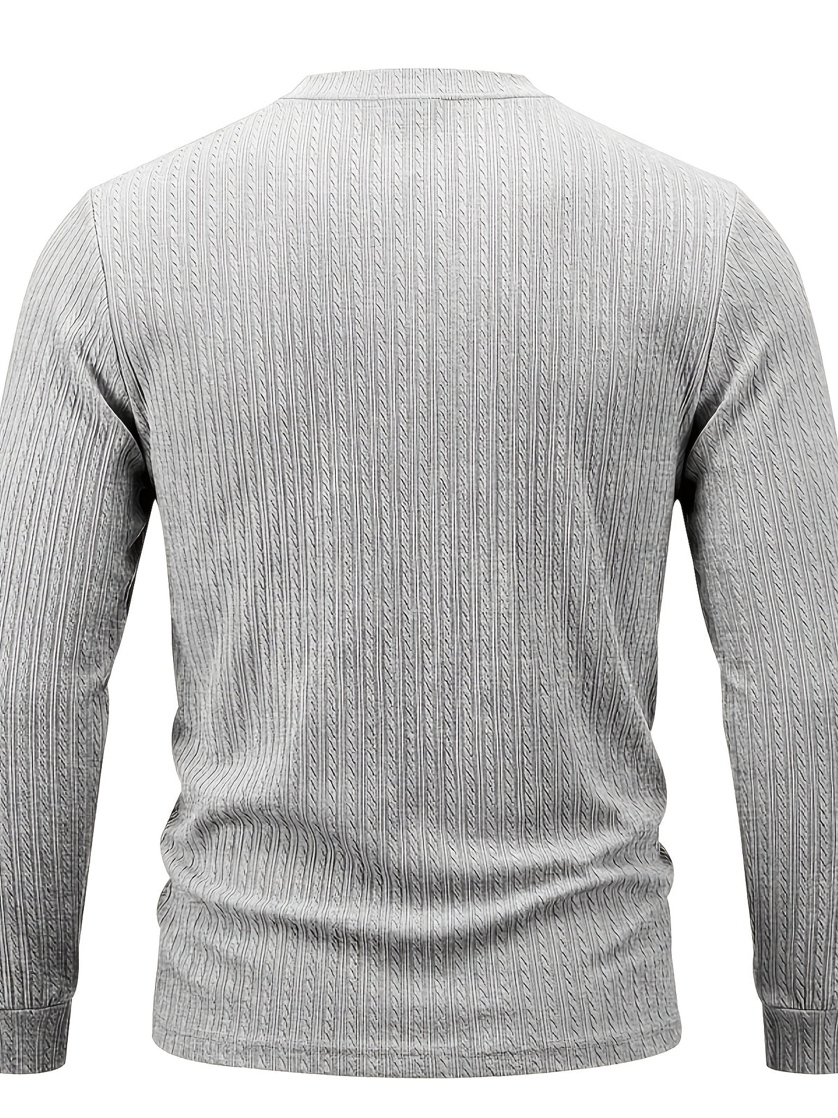 1pc Men'S Jacquard Long Sleeve Henley Shirt Solid Striped Textured Fabric with Stretch Street Style Casual Top for Autumn Winter Fashion White Matchable Pullover Base Layer - Grey