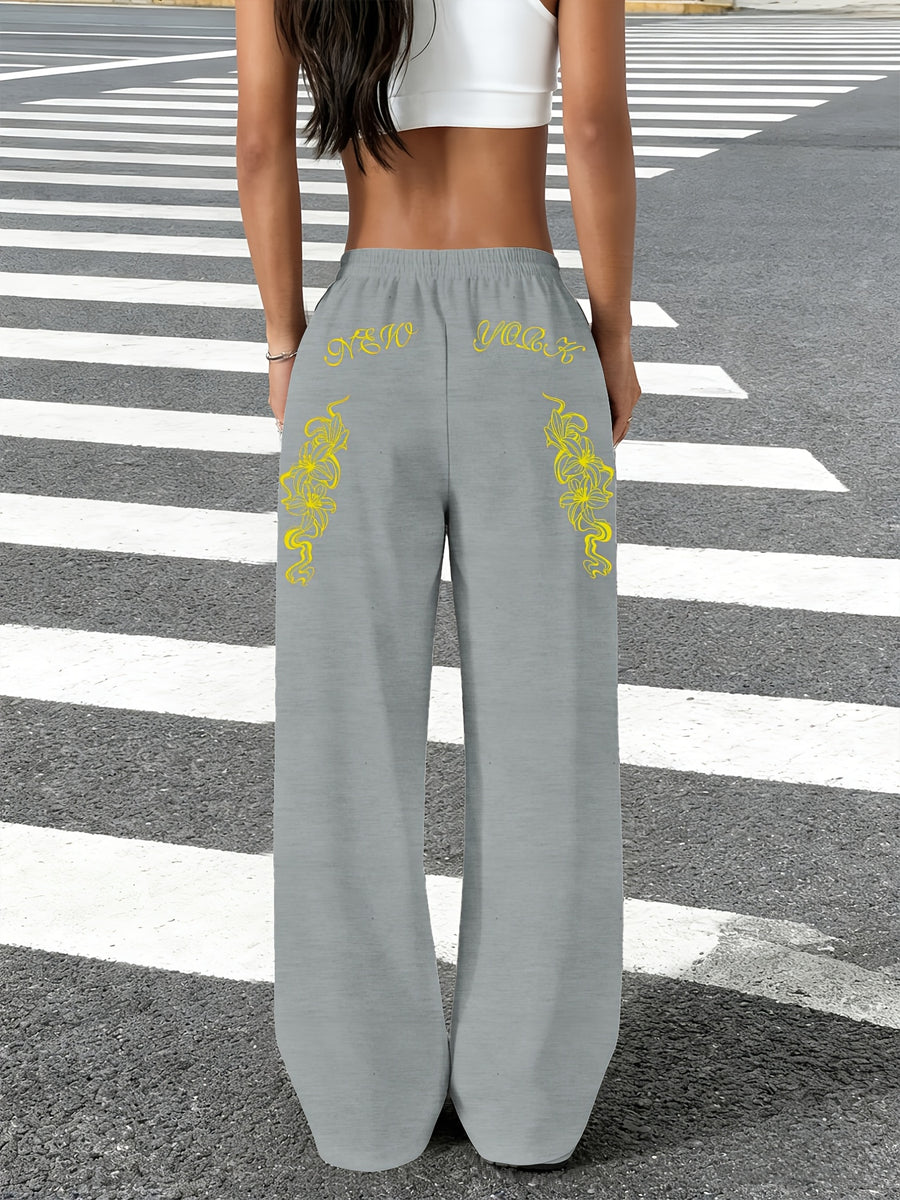 Slant Pocket Joggers Autumn Winter Trendy Brand Letter Print Pattern Straight Leg Trousers American High Street Wide Leg Pants Floor Length Trousers Ins Style Y2K - Light Gray 2