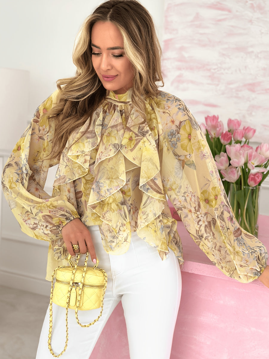Women'S French Romantic Style Floral Print Ruffled Back Tie Bow Chiffon Blouse, Spring Summer New Elegant Vintage Yellow Floral Stand Collar Semi-Sheer Puff Sleeve Shirt, Individual Design Short Front Long Back, Outdoor Travel, Beach Vacation - Multicolor