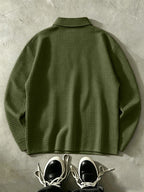 LOS ANGELES Men'S Half-Zip Fashion Waffle Texture Autumn Winter Casual Athletic POLO Shirt Sweatshirt, Street Style Versatile Trendy Long Sleeve Top - Army Green