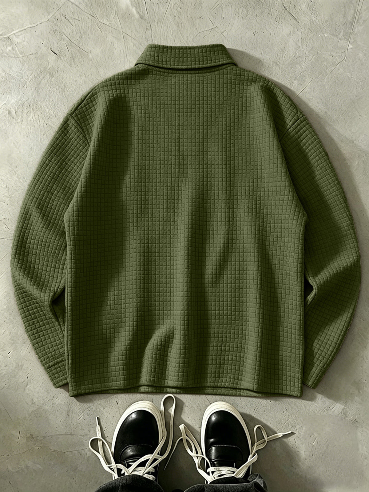 LOS ANGELES Men'S Half-Zip Fashion Waffle Texture Autumn Winter Casual Athletic POLO Shirt Sweatshirt, Street Style Versatile Trendy Long Sleeve Top - Army Green