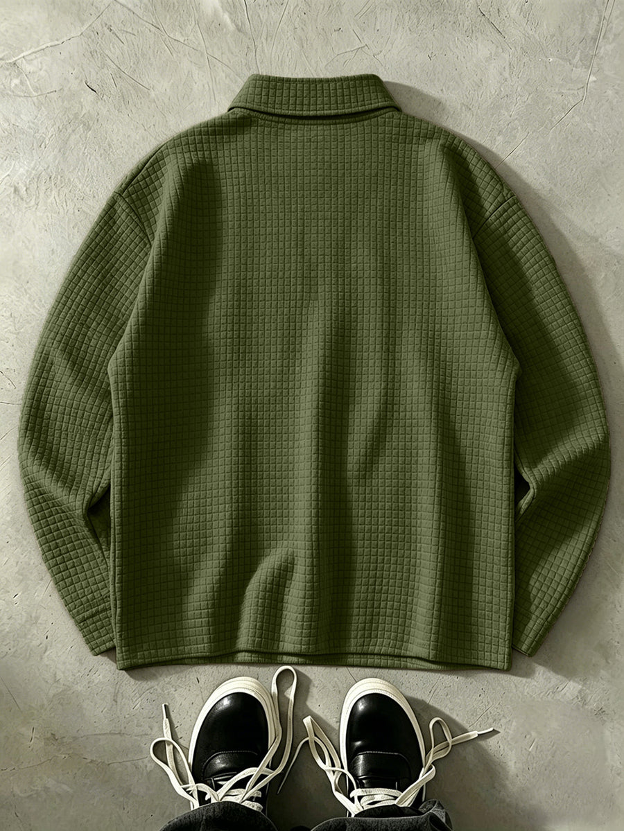 LOS ANGELES Men'S Half-Zip Fashion Waffle Texture Autumn Winter Casual Athletic POLO Shirt Sweatshirt, Street Style Versatile Trendy Long Sleeve Top - Army Green