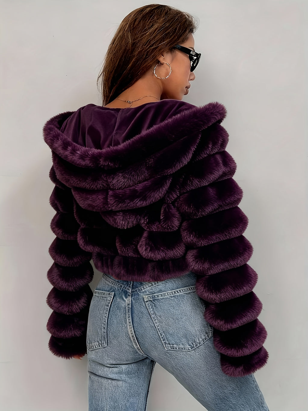 New Autumn/Winter 3D Effect Women's Hooded Plush Jacket, a Stylish and Warm Autumn/Winter Outfit - Purple