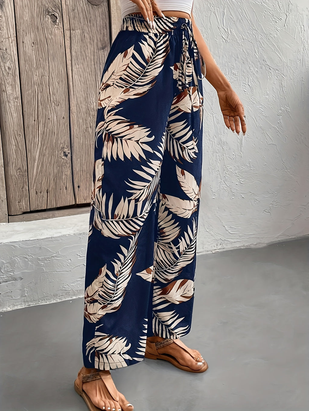Casual Style Wide-Leg Pants, Women'S Tie Up Loose Fit Comfortable Pants - White Flowers On Blue