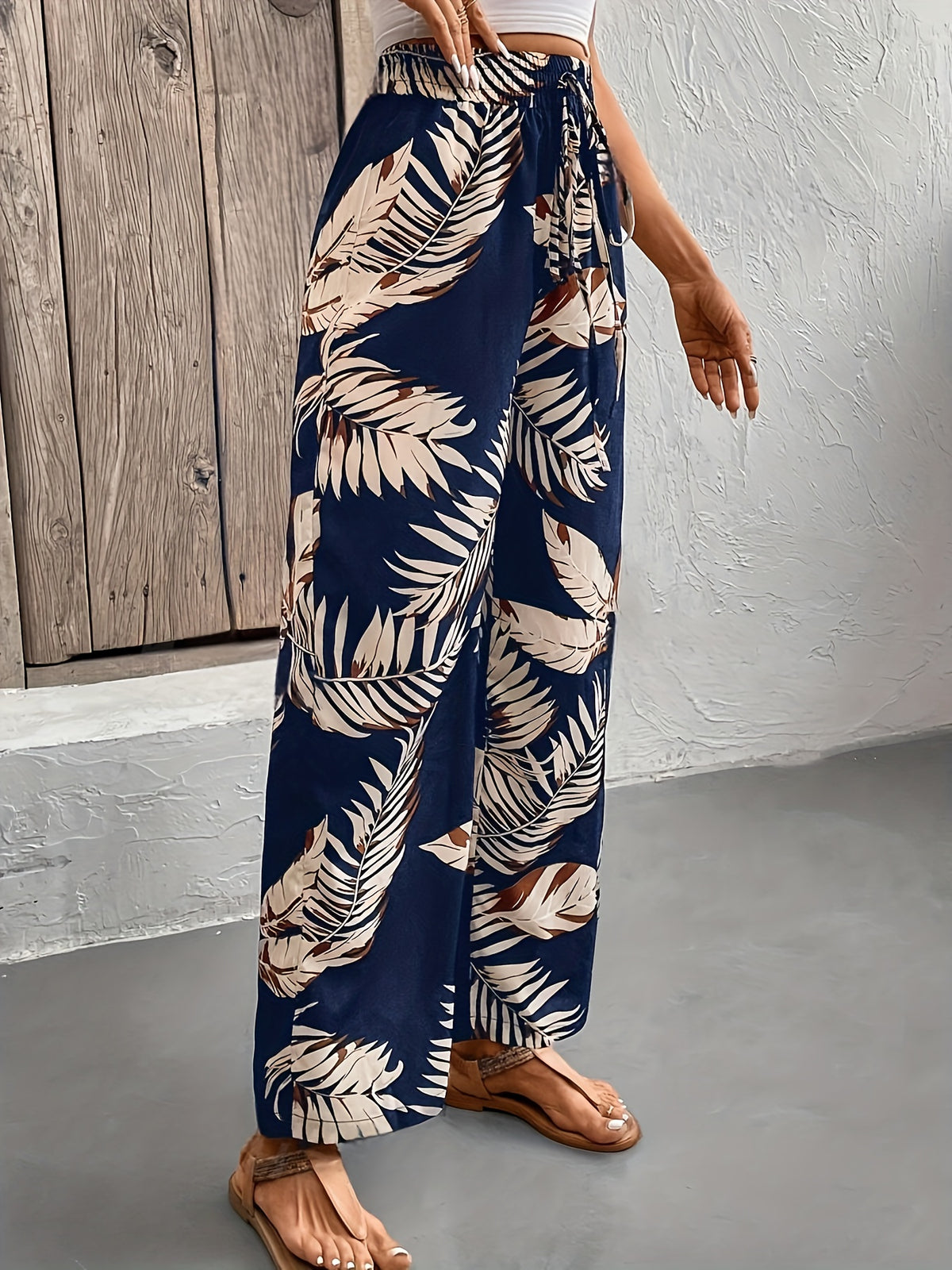 Casual Style Wide-Leg Pants, Women'S Tie Up Loose Fit Comfortable Pants - White Flowers On Blue