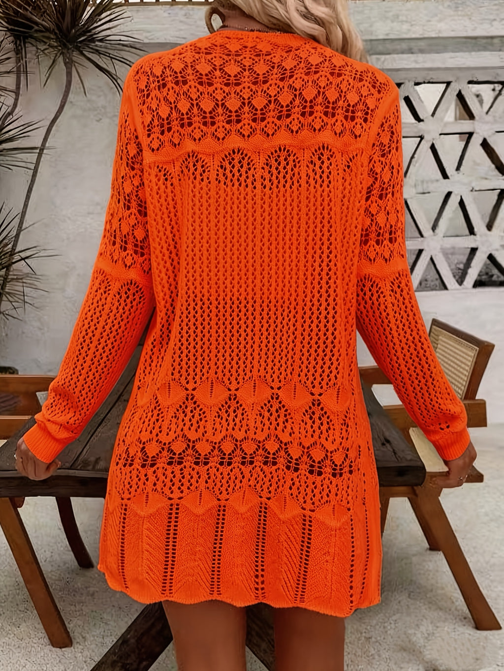 Women'S Elegant Long Sleeve Lace Open Cardigan, Suitable for Vacation, Beach - Orange Red