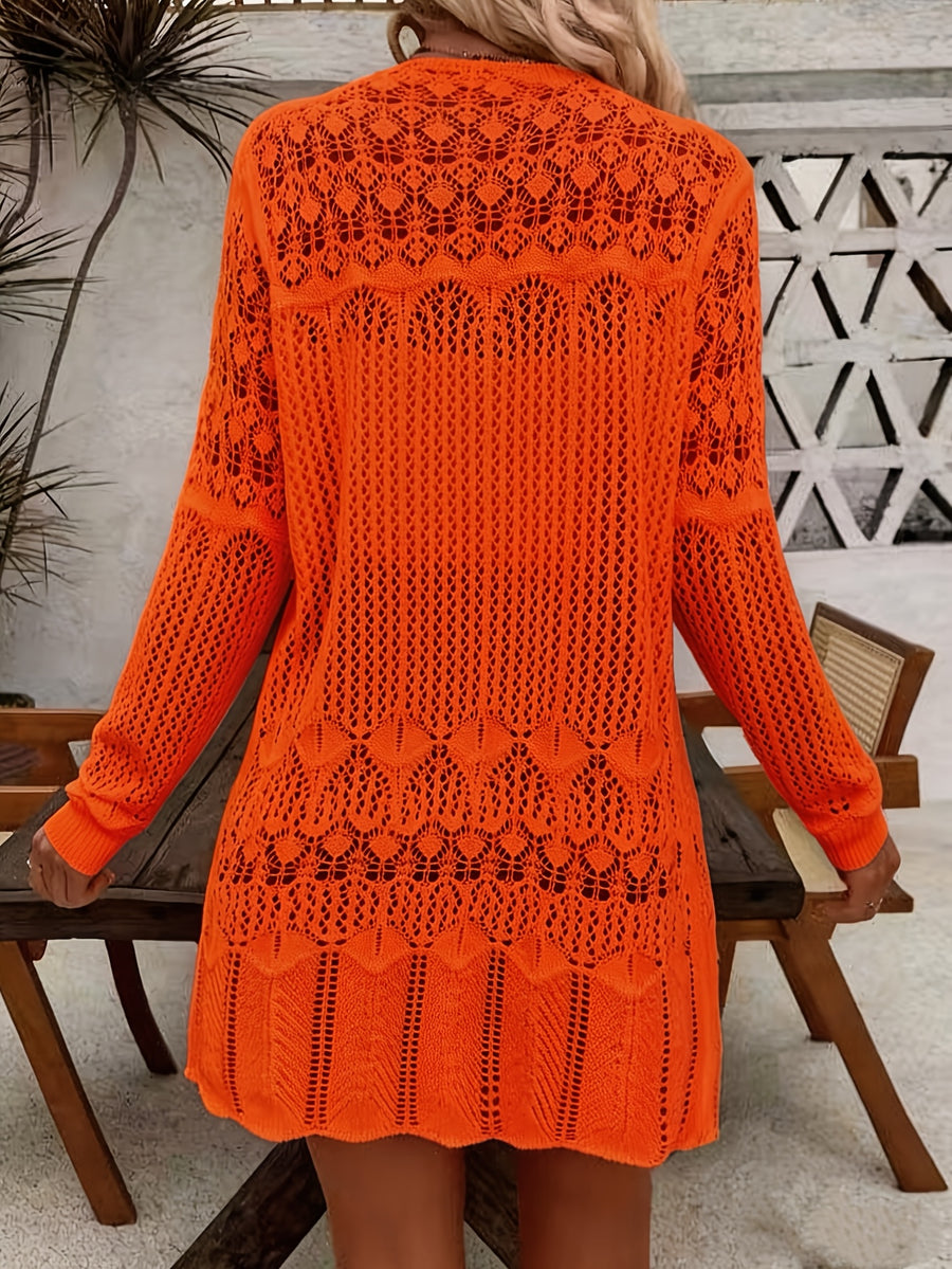 Women'S Elegant Long Sleeve Lace Open Cardigan, Suitable for Vacation, Beach - Orange Red