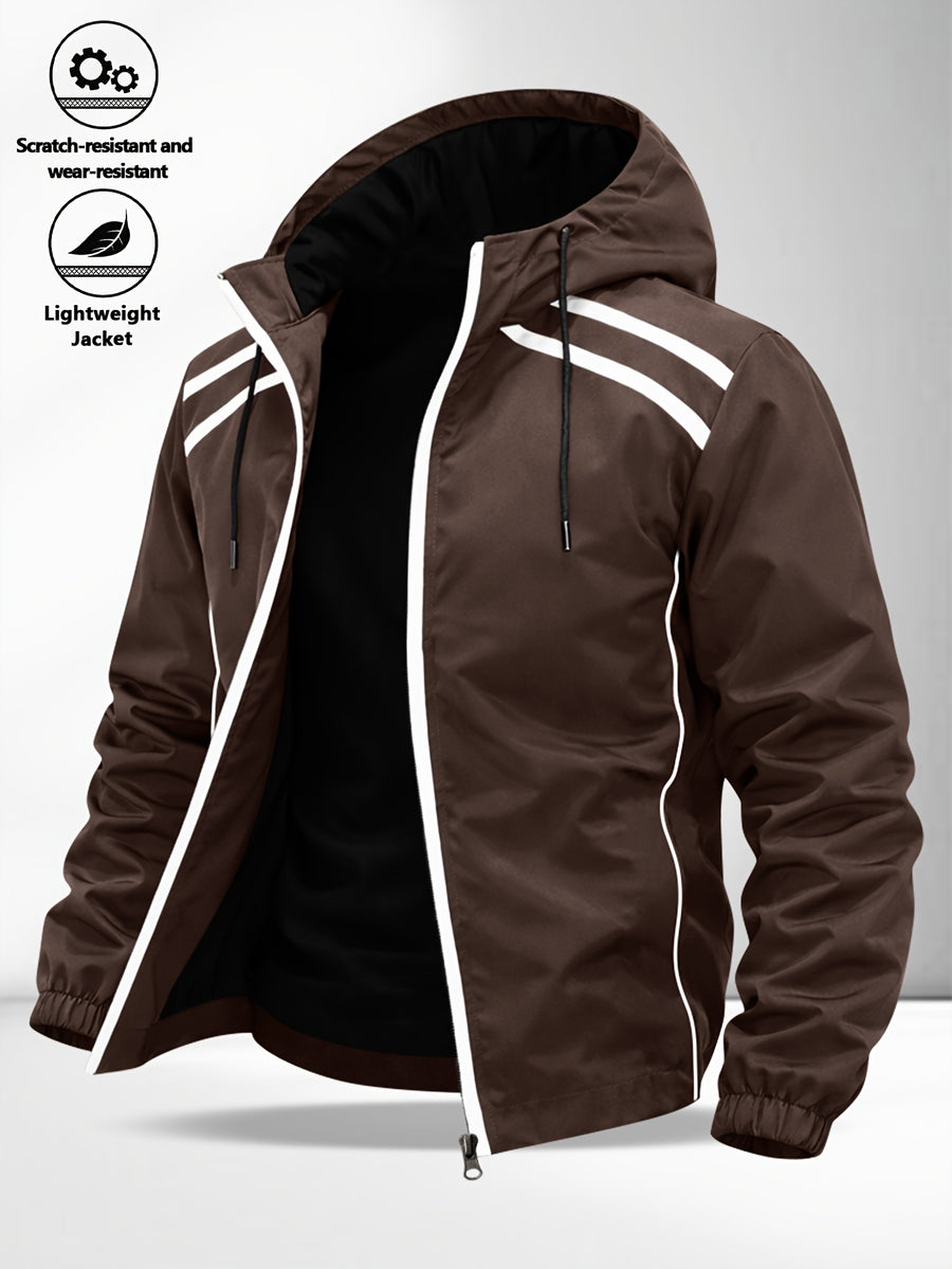 Men'S Multi-Color Racing Style Reflective Stripe Hooded Jacket, And Wear-Resistant Fabric, Multi-Pocket Design, Street Techwear Style, Casual Outing And Commute - Coffee Brown