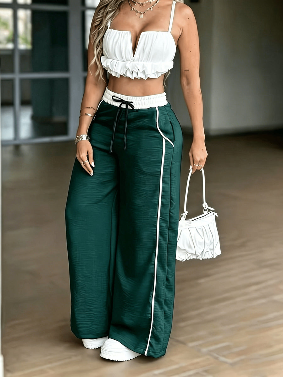 HMY Loose And Wide-Leg Pants for Women, Contrasting Color Waistband Drawstring Design, Side White Stripe Straight Casual Pants + [Ta Lan] - Dark Cyan