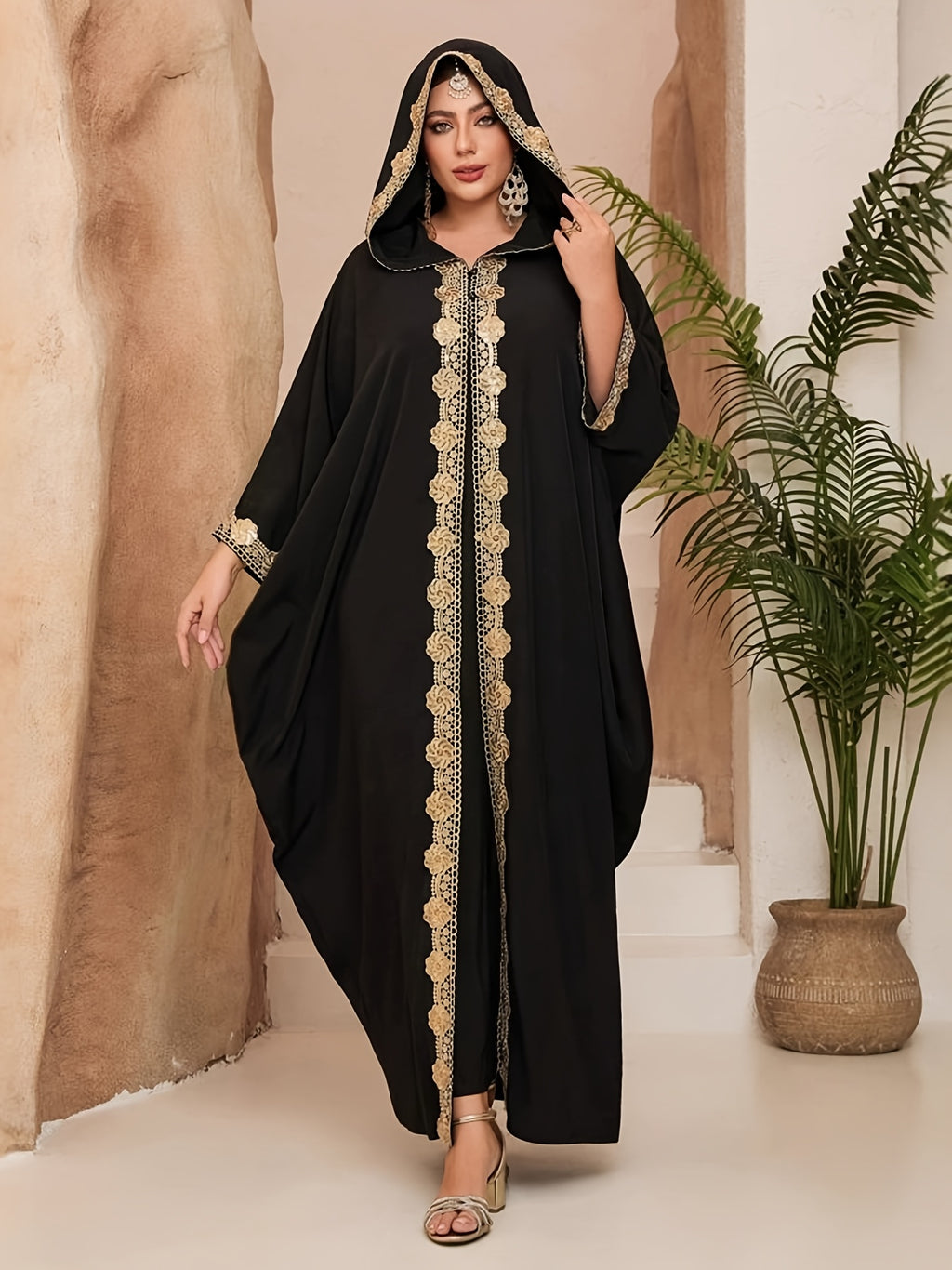 An Elegant Golden-trimmed Embroidered Abaya, Simple yet Sophisticated, Suitable for Women's Daily Wear and Prayer, Usable in All Seasons. Elegant Hooded Abaya for Women, Luxury Golden Lace Trim Muslim Maxi Dress, Black Kaftan with Hood - Black